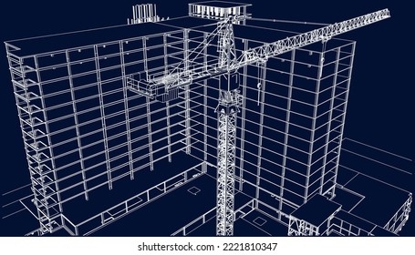 under construction site building frame with tower crane structure 3D illustration blueprint