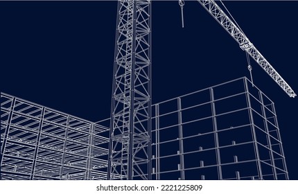 under construction site civil engineering with tower crane 3D illustration line sketch blueprint