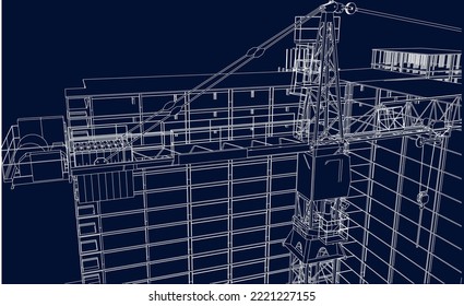 under construction site civil engineering with tower crane architecture 3D illustration line sketch blueprint