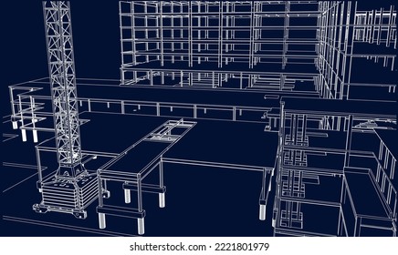 under construction site civil engineering architecture frame structures 3D line illustration blueprint