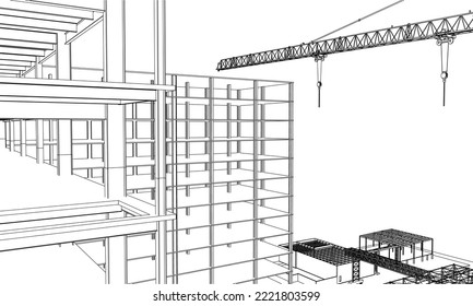 under construction site civil engineering building frame structure with tower crane 3D illustration line