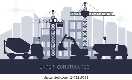 under construction site concept with copy space. bulding and technik monochrome silhouettes.