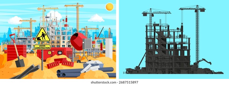En construcción con grúa y edificio. Concepto de desarrollo inmobiliario con trabajadores y materiales. Escena del Industrial.