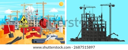 Under construction site with crane and building. Real estate development concept with workers and materials. Industrial scene.
