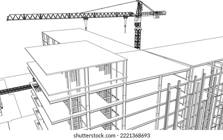 under construction site engineering architectural frame structure with tower crane 3D illustration line