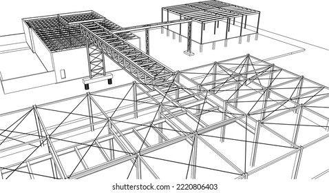 under construction site engineering architecture 3D illustration line sketch