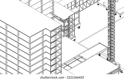 under construction site engineering architecture frame structure 3D isometric illustration line