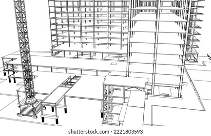 Konstruktionsstruktur des Gebäudes mit Baustellenaufbau 3D-Illustrationslinie