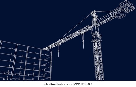 under construction site engineering architecture frame structure with tower crane 3D illustration blueprint