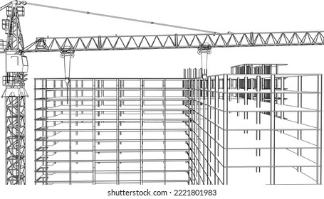 under construction site engineering building frame structure with tower crane 3D illustration line