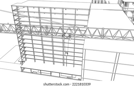 under construction site engineering building frame structure 3D line illustration
