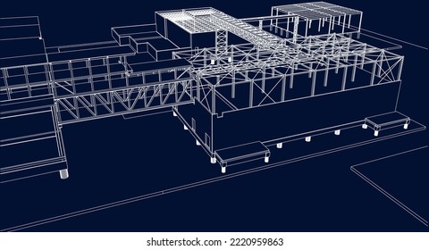 under construction site engineering civil architecture 3D illustration line sketch blueprint