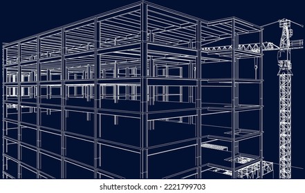 under construction site engineering civil steel frame structure 3D illustration line blueprint