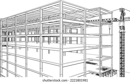under construction site engineering civil steel frame structure 3D illustration line