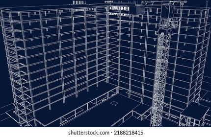 under construction site engineering with crane architecture 3D illustration line blueprint