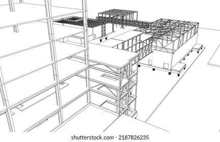 under construction site engineering with frame structure 3D illustration line sketch