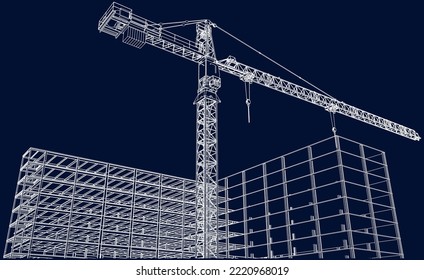 under construction site engineering frame structure with tower crane 3D illustration line blueprint