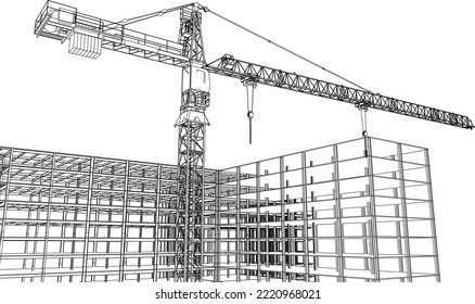 under construction site engineering frame structure with tower crane 3D illustration line sketch