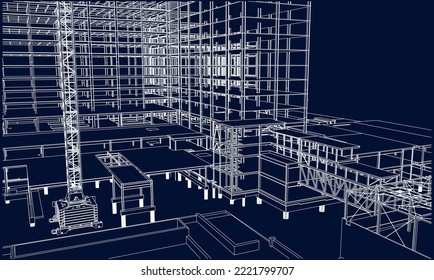 under construction site engineering large frame structure 3D illustration line blueprint