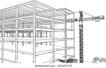 under construction site engineering steel frame structure 3D illustration line