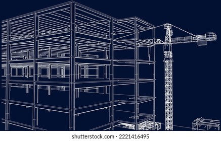 under construction site engineering steel frame structure 3D illustration line blueprint