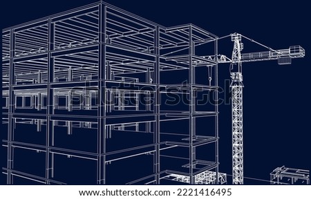 under construction site engineering steel frame structure 3D illustration line blueprint