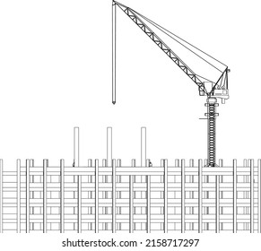 under construction site engineering with tower crane 2D illustration line sketch