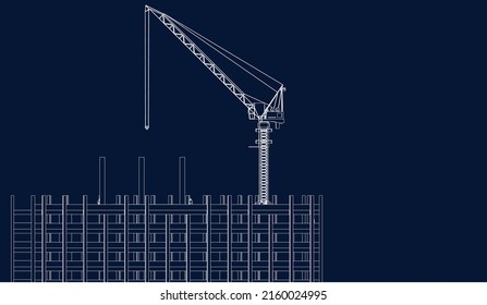 under construction site engineering with tower crane 2D illustration line sketch blueprint