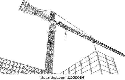 under construction site engineering with tower crane 3D illustration line