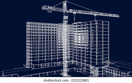 under construction site engineering with tower crane architecture civil 3D illustration line blueprint