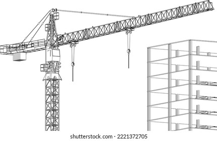 under construction site engineering tower crane and steel frame structure 3D illustration line