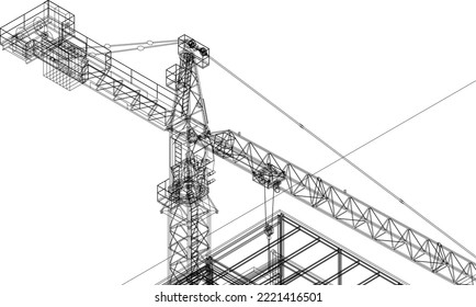 under construction site engineering tower crane  structure isometric 3D illustration line wireframe