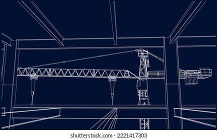under construction site engineering tower crane seen through steel frame structure 3D illustration line