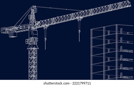 under construction site engineering tower crane and steel frame structure 3D illustration line