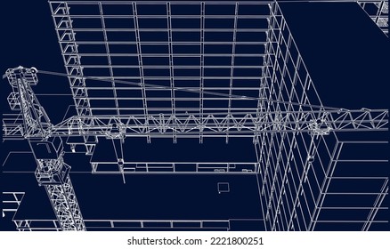 en construcción, ingeniería de obras con estructura de bastidor de grúa en torre, línea de ilustración civil 3D