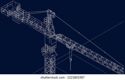 under construction site engineering tower crane  structure isometric 3D illustration line blueprint