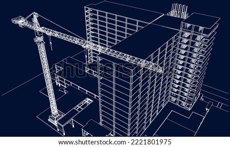 under construction site engineering with tower crane architecture frame structure perspective 3D illustration line blueprint