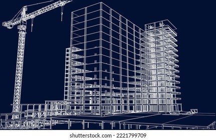 under construction site with frame structure and tower crane architecture 3D illustration line blueprint