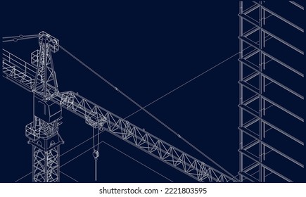 under construction site frame structure with tower crane 3D illustration line isometric blueprint