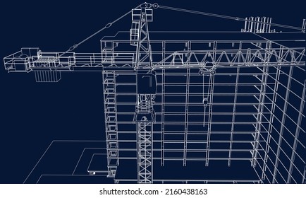 under construction site with tower crane 3D illustration line blueprint