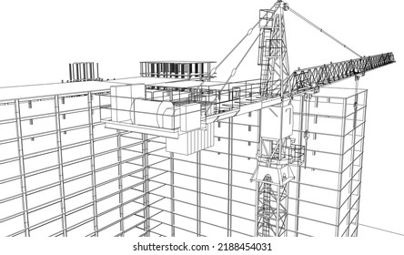 under construction site with tower crane ad frame structure illustration line sketch