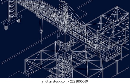 under construction site tower crane frame structure 3D illustration line blueprint