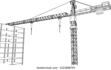 en construcción grúa de torre y estructura de bastidor 3D línea de ilustración