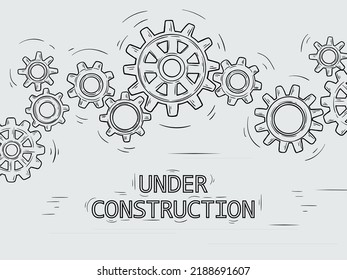 En construcción. Engranajes de esbozo, mecanismo de ruedas de engranajes mecánicos dibujados a mano vector Ilustración. Partes industriales rotativas de la máquina. Herramientas y equipos de hilatura para la fabricación