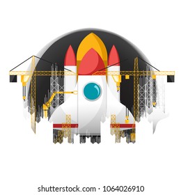 Under construction spaceship and crane paper cut design