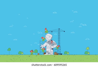 Under Construction and Startup Project Development Concept with Teamwork - Collaborating Gnomes Building Statue of Business Man or Manager in Flat Vector on Light Blue Minimalist Background