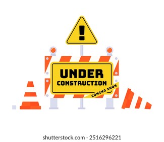 Ilustración del Clipart de barrera de parada en construcción, señal de advertencia amarilla con un símbolo de triángulo en un fondo en construcción que representa peligro y precaución en un sitio de construcción