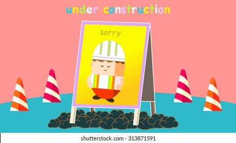 Under construction street barrier, stop warning symbol board sign, road traffic safety cone object, bowing worker character cartoon illustration. Digging in the ground, a pile of dirt. Colorful text.