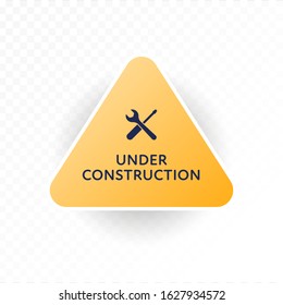 Under construction symbol. Vector flat illustration. Black and yellow triangle sign with text and spanner with screwdriver icon on transparent background. Design element for banner, poster, web page.
