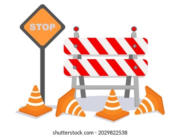 Under Construction With Symbol Worker Hold Stop or Road Sign, Tape Warning, Cone, Site Barrier. Background Vector Flat Cartoon Illustration